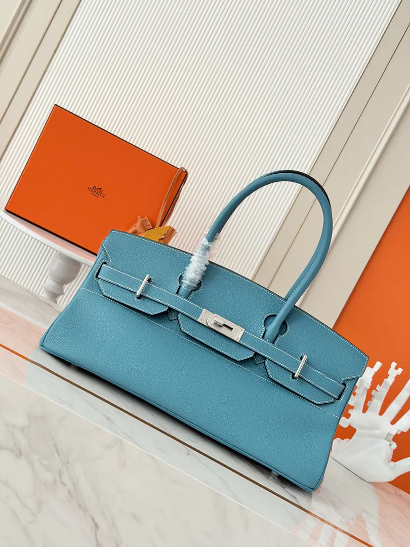 Current🐎New Shoulder Birkin Pinkin. 42cm Original plant importTogoPee.【Cowboy blue.】Silver buttons. Synchronize honey wax sew Pure steel hardware.