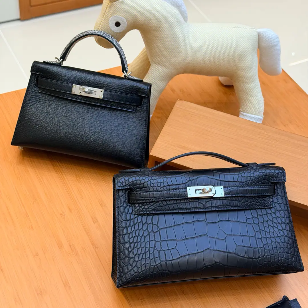 mini Kelly Generation, Black fog crocodile.🐊 Top hand sew., Original plant skin, Silver button., All handmade, Private highend custom level, Perfect.‼️
